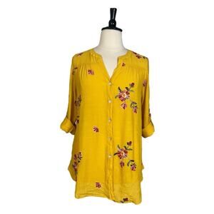 Figeuro & Flower Top Gauze Embroidery Yellow Pink Floral Women’s Plus Size 1X
